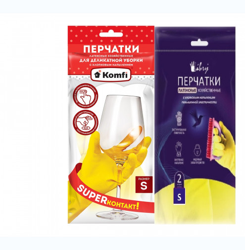 Перчатки латексные с хлопковым напылением /S/   KOMFI  / LIBRY /12/240/
